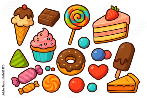 Cute cartoon sweets and desserts set. Colorful vector collection of candy, lollipop, ice cream, cake, donut, chocolate and cupcake. Isolated food icons for graphic design.