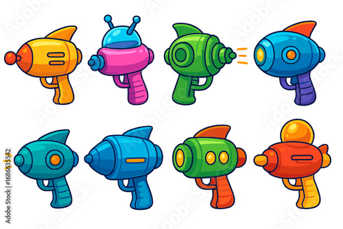 Cartoon alien laser gun collection. Colorful sci-fi toy blaster set. Futuristic raygun vector illustration for gaming. Kids space weapon icon pack for imaginative storytelling.