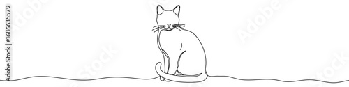 Cat sitting in one line art style. Cat drawing with editable black stroke on white background. Vector illustration.