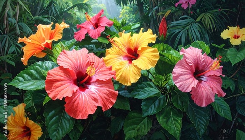 Vibrant hibiscus flowers in lush tropical garden