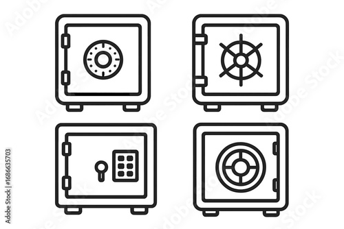 Safe and vault icon set. Minimalist line art vector collection for security, finance, and banking. Strongbox with combination lock, wheel, and digital keypad for money protection.
