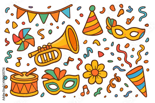 Carnival party celebration elements set. Colorful cartoon vector icons for festive event, parade, or fun festival. Doodle illustration with mask, trumpet, drum, confetti, and streamers.