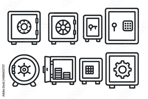 Set of safe icons in minimalist line art style. Vector concept of security, finance, and protection. Bank vault, strongbox with money, combination lock, and keypad design.