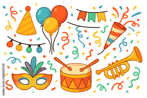 Colorful celebration elements set. Party decoration for carnival, festival, birthday. Confetti, balloons, mask, trumpet, drum. Vector cartoon illustration for a fun event.