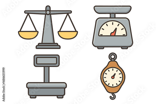 Vector set of various weighing scales. Balance for justice, kitchen food scale, platform and hanging spring scale. Measurement, weight, and proportion concept illustration.