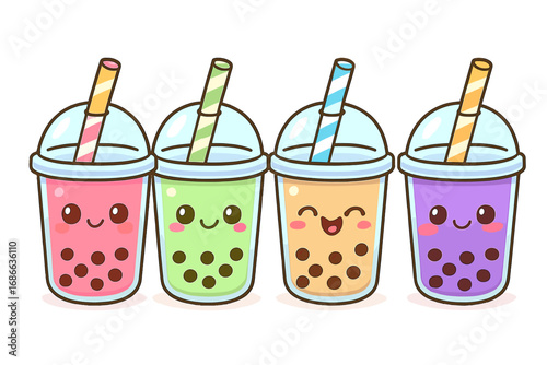 Cute bubble tea characters, kawaii boba drink mascot set. Vector cartoon illustration of colorful milk tea with tapioca pearls. Happy smiling beverage collection for menu design.