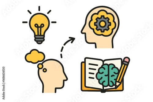 Creative brainstorming icon set illustrates the thinking process. From idea to innovation and learning. Lightbulb, head with gear, brain in a book. Knowledge and education concept.