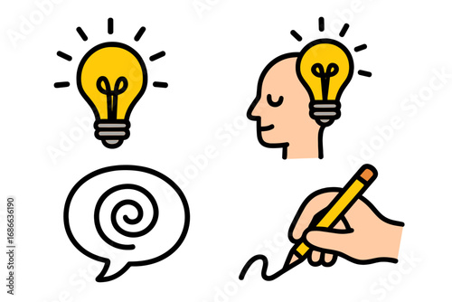 Set of creative icons for brainstorming, innovation and new ideas. Concept for solution and imagination. Light bulb in head, hand writing with pencil, tangled thoughts speech bubble.