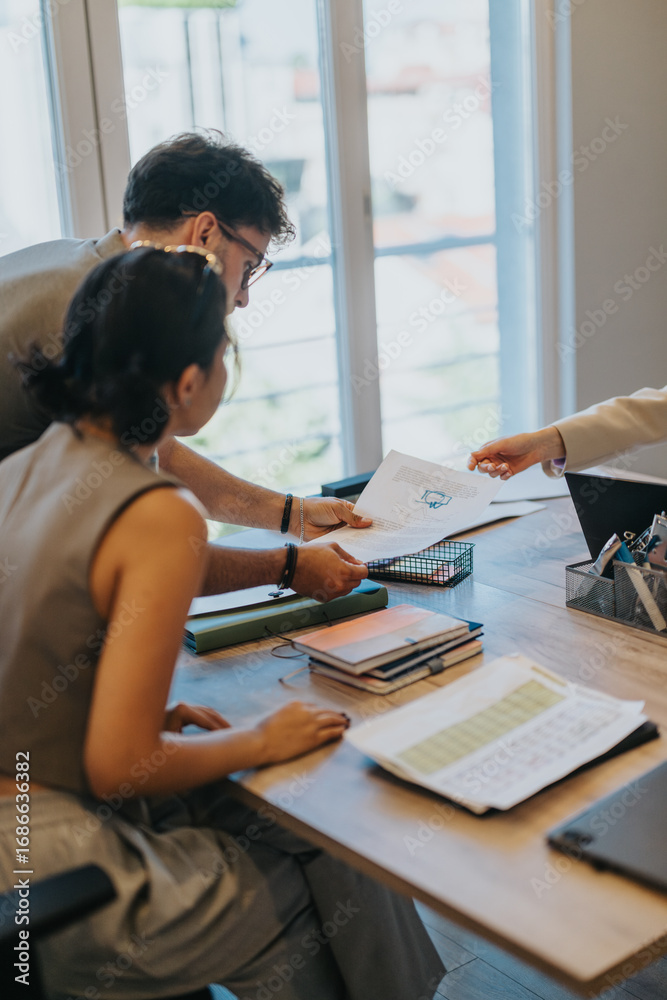 Fototapeta premium Young couple in a modern bank discussing financial options with an adviser. Documents and charts displayed on the desk indicate a professional consultation focused on loans or financial planning.