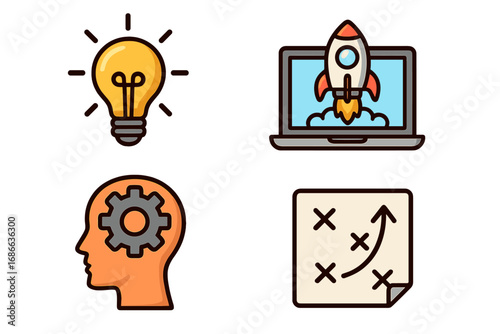 Business innovation and startup strategy icon set. Creative idea lightbulb, rocket launch from laptop, mindset gear, and project planning map. Technology development concept.