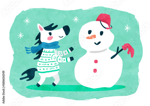 セーターを着た馬と雪だるま 午年の冬の水彩イラスト