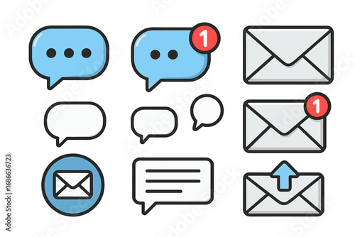 Set of message icons. Chat bubble and email notification symbol. Vector illustration for web, app, ui, ux design. Dialogue, sms, new letter, inbox, and sent mail signs.