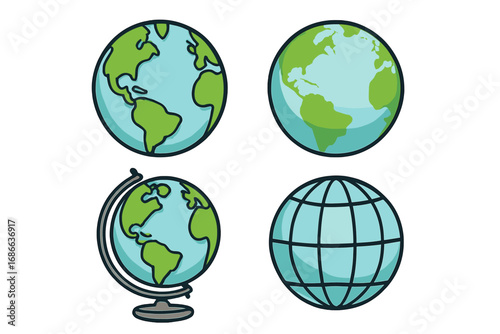 Globe Earth icon set. Vector cartoon collection of world globes and planet earth icons for geography, travel, education, and global business. Flat design illustration styles.