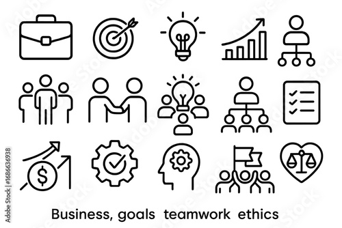 Business and ethics line icon set. Teamwork, goal, and success. Corporate strategy, growth, and management icons. Partnership, idea, and finance vector symbols collection.