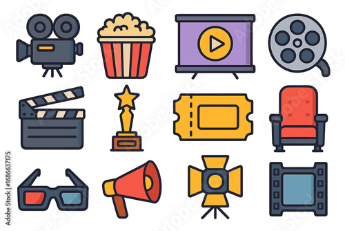 Cinema and movie production icon set. Film entertainment elements. Vector illustration collection with camera, clapperboard, popcorn, ticket, 3d glasses, and film reel.