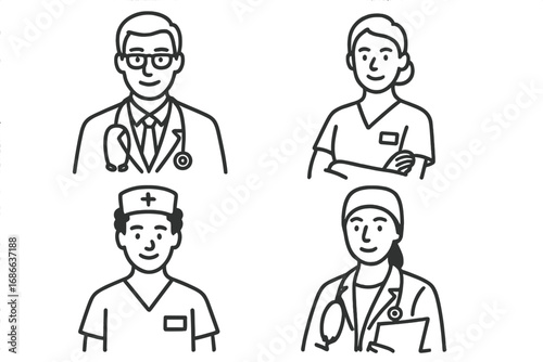 Healthcare professionals line art icon set. Doctor, nurse, and surgeon avatars. Medical team characters in minimalist outline style. Vector cartoon illustration for hospital staff.