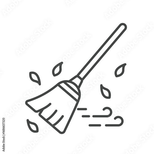 A broom sweeps shown with dust or debris. Editable stroke. Icon vector illustration