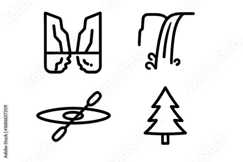 Fjord valley travel icon set. Outline icons of norwegian nature, steep cliffs, water reflection, waterfall, kayak and pine tree. Vector symbols for adventure and tourism.