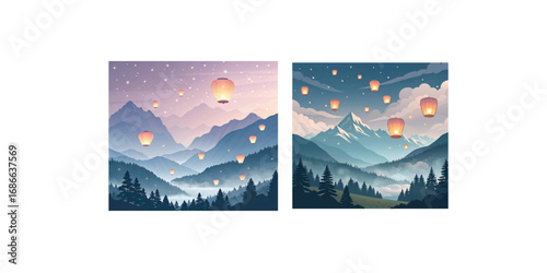 Print   Fantasy vector illustration of mystical floating lanterns rising over a dreamlike mountain landscape