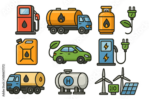 Fuel and energy icon set. Fossil fuels vs green energy concept. Gas station, electric car charging, solar panel, wind turbine, hydrogen storage. Vector illustration collection.