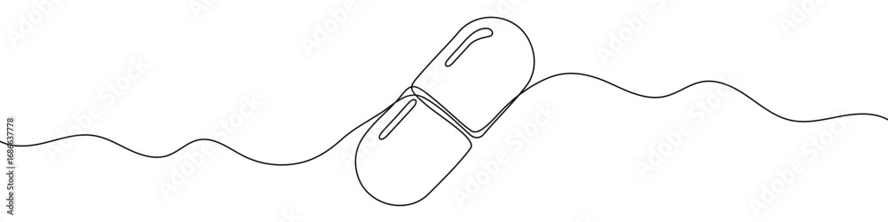 Fototapeta premium Capsule in one line art style. Capsule drawing with editable black stroke on white background. Vector illustration.