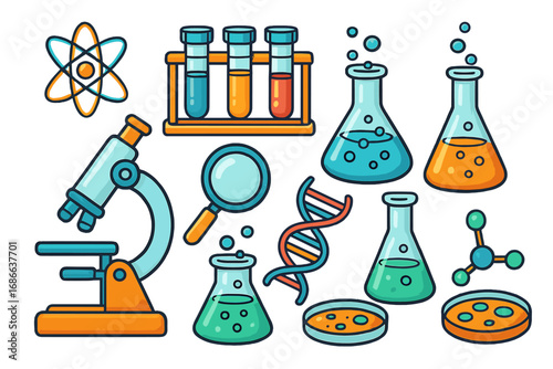 Science lab icon set. Vector cartoon illustration of chemistry and biology research equipment. Microscope, DNA, atom, test tube, flask for experiment or education concepts.