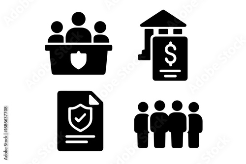 Governance icon set. Solid glyph icons of government council meeting, budget allocation, policy document, and public representation. Vector symbols for politics, law, finance.