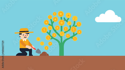 Farmer planting money tree financial growth concept investment wealth building prosperity abundance