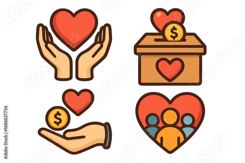 Charity and donation icon set. Vector symbols of compassion, community support, and helping hands. Philanthropy, fundraising, and humanitarian aid concepts illustrated.