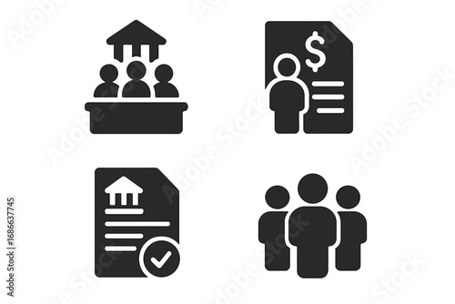 Governance icon set. Government meeting, budget allocation, and public policy vector icons. Concepts for administration, law, finance, council, and community engagement.