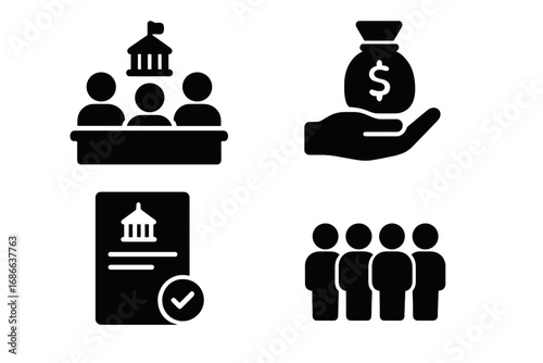 Governance solid glyph icon set. Vector symbols for government council meeting, budget allocation, financial funding, law and policy document, and public representation.