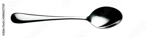A shiny, smooth, simple soup spoon.  Its polished, metallic surface is clearly visible against a black background. The spoon has a decorated handle, with a repeating pattern along the length