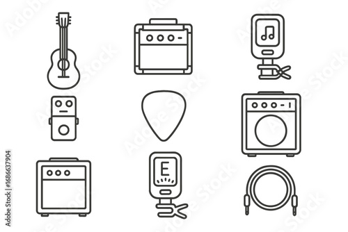 Guitar and music equipment line icon set. Acoustic guitar, amplifier, tuner, pick, effects pedal and cable icons. Musician instrument gear collection vector illustration.