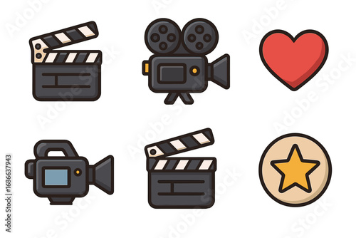 Film production icon set. Cinema and movie making vector collection. Entertainment symbols including clapperboard, retro camera, camcorder, love heart, and Hollywood star icon.