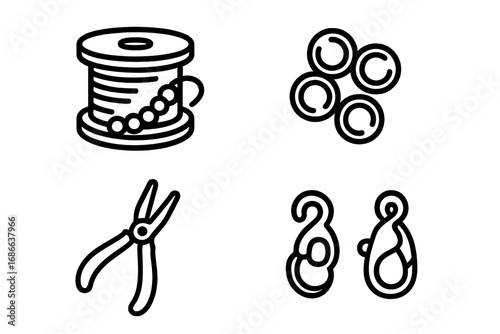 Handcrafted jewelry making outline icon set. Vector illustration of handmade craft supplies: beading wire, jump rings, pliers, and earring clasp closures. DIY hobby concept.