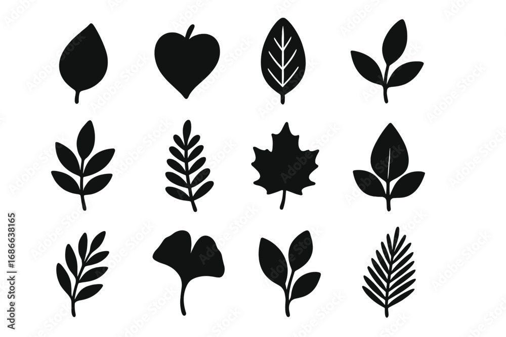 Fototapeta premium Leaf silhouette vector icon set. Collection of black plant and foliage symbols. Botanical graphic elements for eco, nature, and organic design. Maple, ginkgo, and fern shapes.