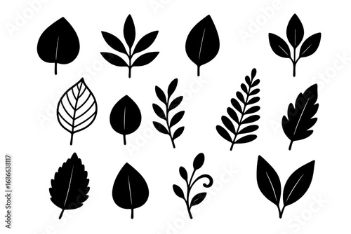 Leaf nature silhouette icon set. Botanical foliage plant symbols for eco friendly designs. Vector cartoon floral illustration graphics. Branch and twig elements collection.