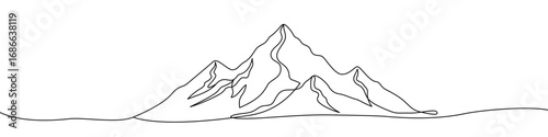 Black mountains in one line art style. Mountains drawing with editable black stroke on white background. Vector illustration.