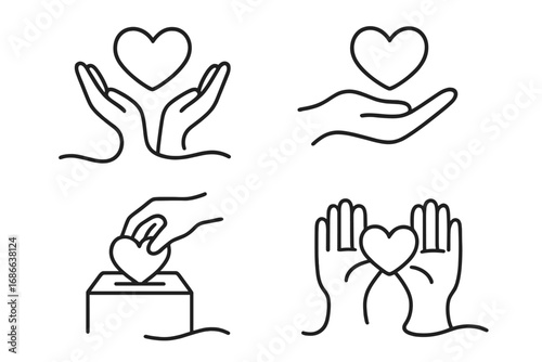 Charity and donation icon set. Continuous line art of hands holding hearts. Community support, volunteering, love, and care concept. Vector illustration for nonprofit and social work.
