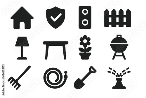 Home and garden solid glyph icon set. Vector symbols for household, security, outdoor furniture, and backyard activities. Gardening tools and barbecue illustration.
