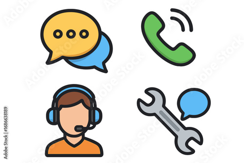 Customer service and support icon set. Communication vector symbols for contact us page, hotline and live chat. Agent operator, phone call, chat bubble, tech help tool.