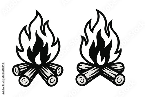 Two campfires black and white icon set. Bonfire with burning logs symbol. Simple vector illustration for camping, adventure, and outdoor travel. Firewood and flame graphic.