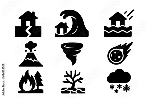 Natural disasters solid icon set. Catastrophe and weather hazard vector illustration. Includes earthquake, tsunami, flood, volcano, tornado, meteor, wildfire, drought, snow.