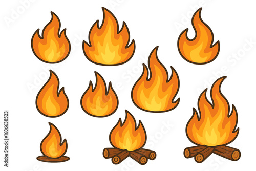 Set of fire flames, bonfire and campfire icons. Collection of hot flame elements. Cartoon vector illustration for design. Burning blaze symbol, heat sticker for camping.