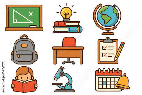 Education icon set for back to school. Cartoon collection of school supplies and learning symbols. Vector elements for study, knowledge, science. Globe, book, student, microscope.
