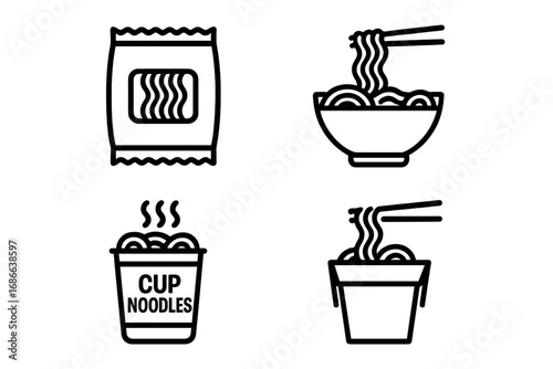 Instant noodles outline icon set. Ramen, cup noodles vector illustration. Convenience fast food concept. Simple line art pictogram for Asian, Chinese, Japanese food.