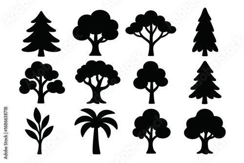 Vector collection of black tree and plant silhouettes. Botanical icons for nature, forest, park, and ecology design. Includes pine, palm, and deciduous trees.