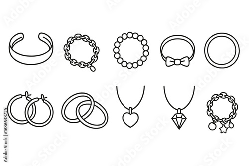 Jewelry icon set. Vector line art collection of fashion accessories. Includes bracelet, ring, earrings, and necklace with heart and diamond pendants for graphic design.