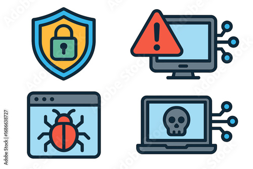 Cybersecurity vector icon set. Web security symbols. Virus, bug, malware threat, and protection shield with lock. Hacker attack alert, skull on laptop. Digital data safety.