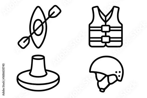 Kayaking adventure icon set. Water sport equipment outline icons. Kayak, paddle, life jacket, spray skirt, helmet. Vector illustration for outdoor activity and travel design.